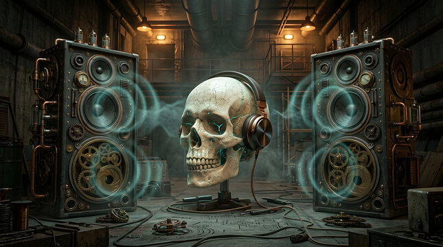 Dark futuristic cyber-audio artwork with a skull-inspired sound concept, dramatic neon lighting, industrial atmosphere and cinematic 3D detail. AI Generated.