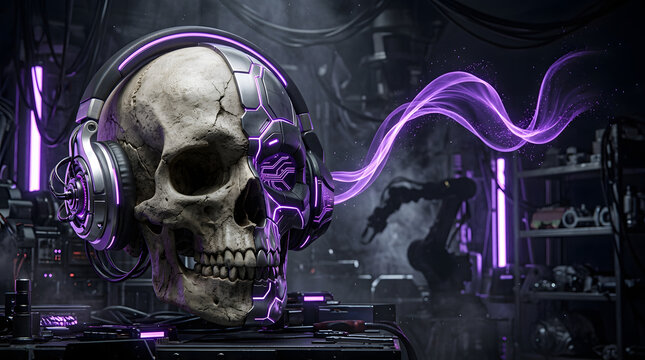 Dark futuristic cyber-audio artwork with a skull-inspired sound concept, dramatic neon lighting, industrial atmosphere and cinematic 3D detail. AI Generated.