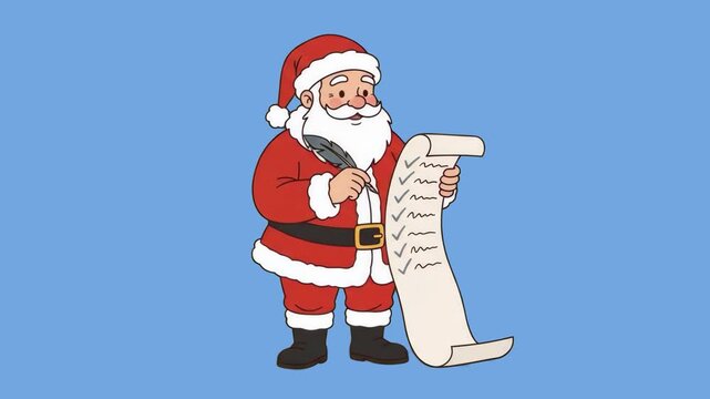 A happy 2D cartoon Santa Claus holding a quill feather pen and reviewing a long wish list scroll, set against a soft blue studio backdrop. Great for Christmas holiday commercials, festive promotional 