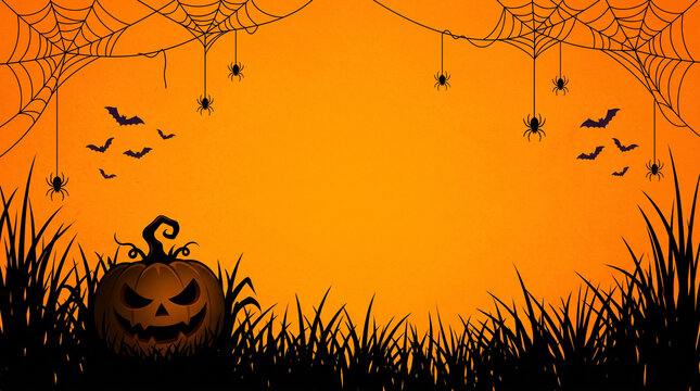 Orange Halloween background with a sinister pumpkin silhouette resting in tall black grass, dangling spiders and small bats surrounding a clean central area for typography, spooky banner, October eve