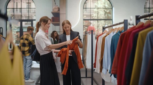 Clothing Store Shopping: Friendly Female Sales Assistant in Helps with Advice to a Young Woman Customer, Showing Options From the Rack, Discussing Style and Size, and Guiding Her Purchase Choice.