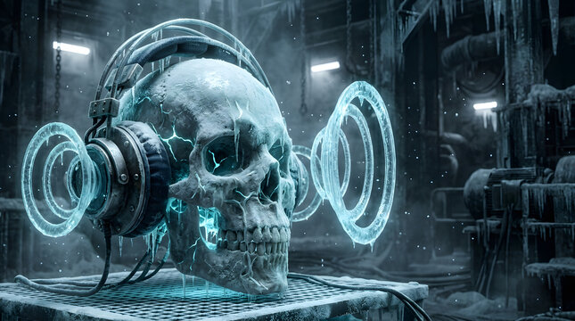 Dark futuristic cyber-audio artwork with a skull-inspired sound concept, dramatic neon lighting, industrial atmosphere and cinematic 3D detail. AI Generated.