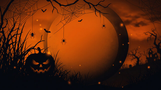 Orange Halloween background with a sinister pumpkin silhouette resting in tall black grass, dangling spiders and small bats surrounding a clean central area for typography, spooky banner, October eve