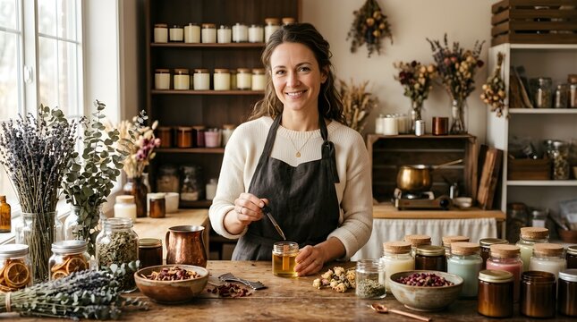 Happy female artisan making scented candles in a cozy home studio workshop