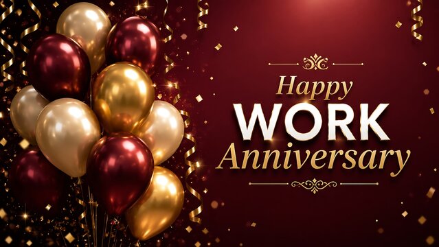 Bunch of red and gold balloons with happy work anniversary text