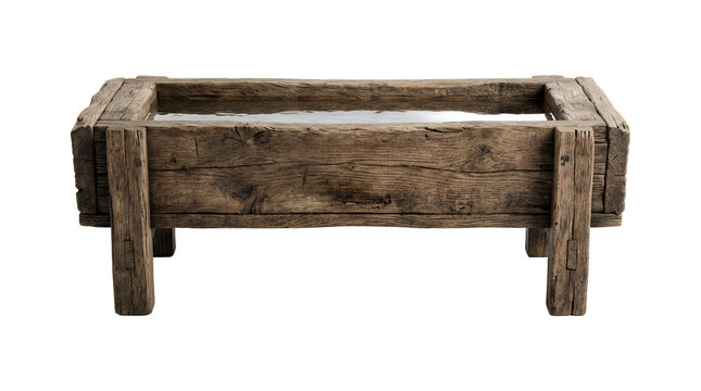 Rustic wooden trough planter box isolated on white.
