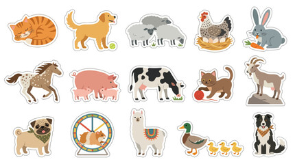 Fototapeta premium Cute Farm Animals Vector Sticker Set - Flat Design for Kids