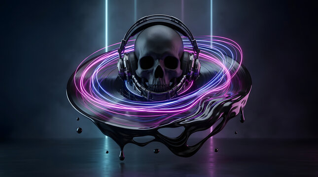 Dark futuristic cyber-audio artwork with a skull-inspired sound concept, dramatic neon lighting, industrial atmosphere and cinematic 3D detail. AI Generated.