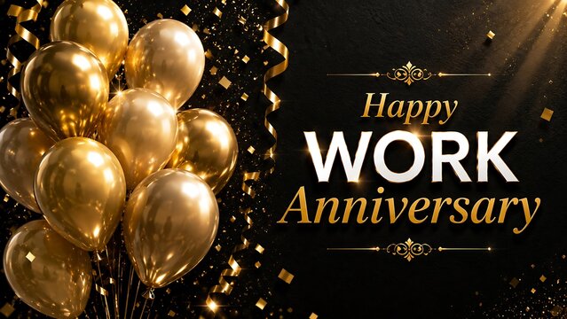 Golden balloons and confetti celebrate happy work anniversary celebration