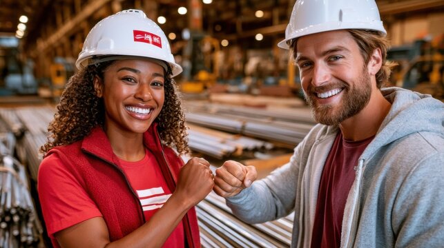 Smiling warehouse workers wearing hard hats celebrate teamwork with a friendly fist bump in factory