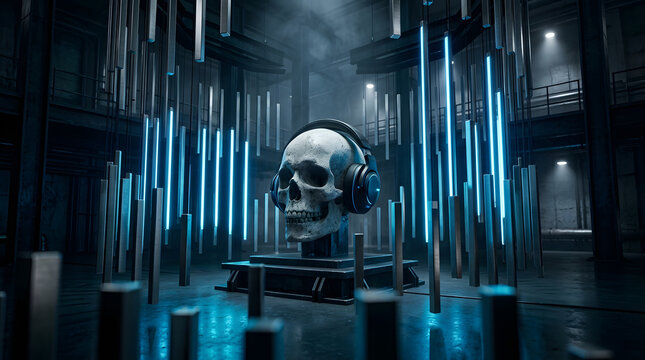 Dark futuristic cyber-audio artwork with a skull-inspired sound concept, dramatic neon lighting, industrial atmosphere and cinematic 3D detail. AI Generated.