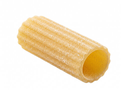 Single dry rigatoni tubular pasta on white background