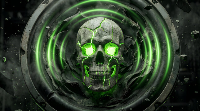 Dark futuristic cyber-audio artwork with a skull-inspired sound concept, dramatic neon lighting, industrial atmosphere and cinematic 3D detail. AI Generated.
