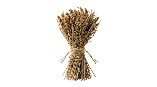 Small bundle of dried wheat tied together standing upright.