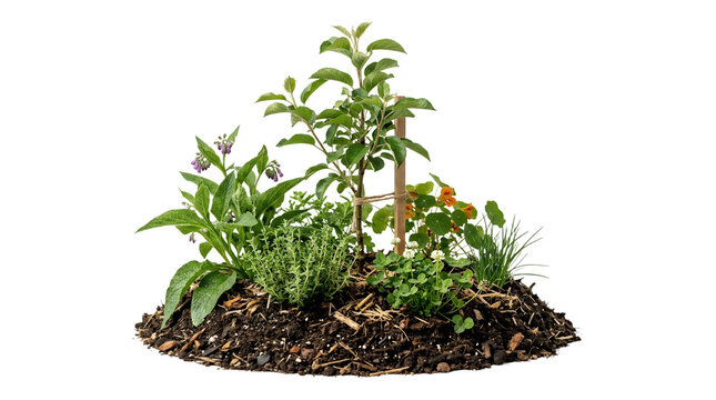 Small garden bed with various green plants and rich soil isolated on white background.