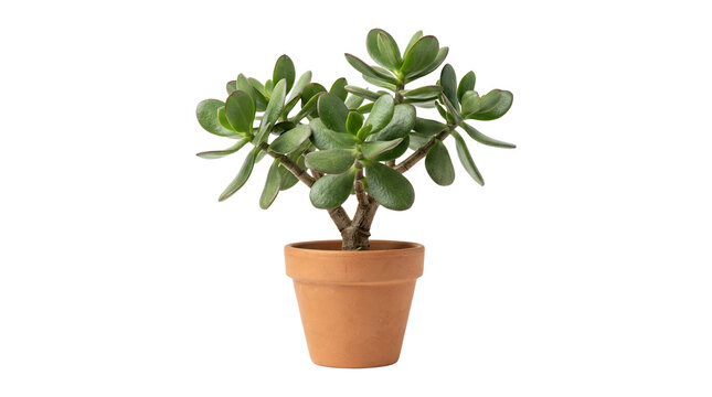 Small green jade plant in a terracotta pot.