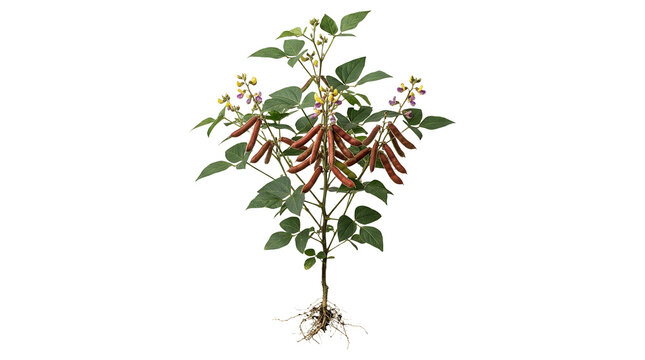 Soybean plant with pods and roots isolated.