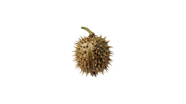 Spiky datura stramonium seed pod hanging from a green stem with leaves.