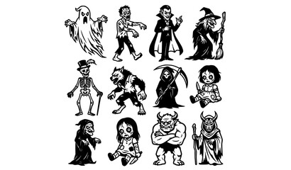 Obraz premium Monochrome horror character collection with ghosts zombies vampires and monsters vector set