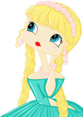 cute blonde princess girl with long braids in blue ball dress digital raster illustration clip art © Mariana Kochmar