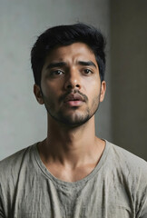 Obraz premium Mental health and emotional vulnerability, portrait of a young man with a pensive expression reflecting anxiety and inner struggle in a studio setting