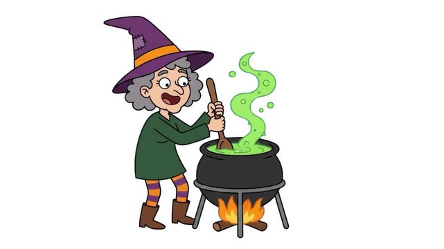 A friendly 2D cartoon old witch in a pointed hat stirring a bubbling green magic potion in a big black cauldron over a fire, isolated on a clean white background. Suitable for Halloween party promos, 