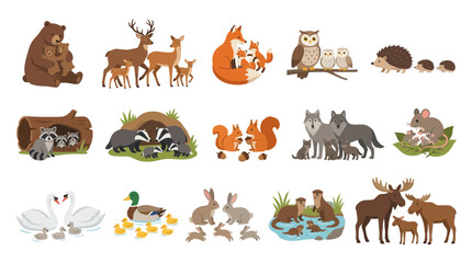 Fototapeta premium Cute Wild Animal Families and Babies in Flat Vector Style for Nature and Education Designs