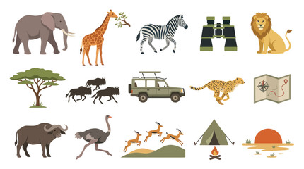 Fototapeta premium African Safari Animals and Adventure Icons - Flat Vector Illustration