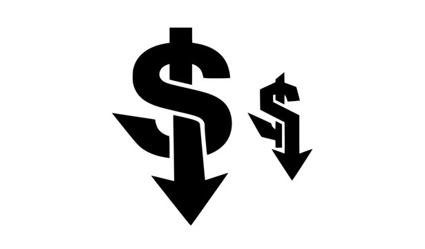 Dollar Sign with Down Arrow Silhouette, Price Drop Vector Illustration