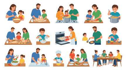 Fototapeta premium Family Cooking Together, Baking, Meals, Healthy Food, Kitchen Activities - Flat Style