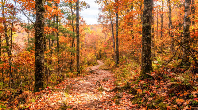 Camino cubierto de hojas secas que serpentea por un bosque resplandeciente en tonos naranja, amarillo y rojo durante el oto&ntilde;o.