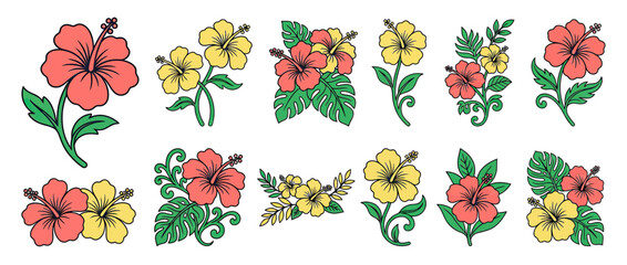 Collection of Isolated Tropical Hibiscus Flowers and Leaves © farid