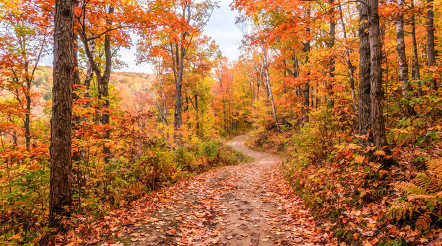 Camino cubierto de hojas secas que serpentea por un bosque resplandeciente en tonos naranja, amarillo y rojo durante el oto&ntilde;o.