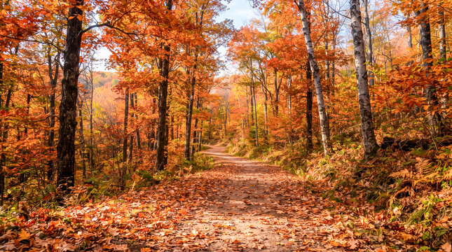 Camino cubierto de hojas secas que serpentea por un bosque resplandeciente en tonos naranja, amarillo y rojo durante el oto&ntilde;o.