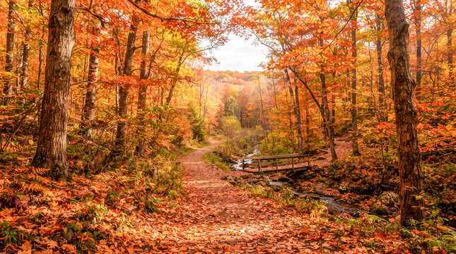 Camino cubierto de hojas secas que serpentea por un bosque resplandeciente en tonos naranja, amarillo y rojo durante el oto&ntilde;o.