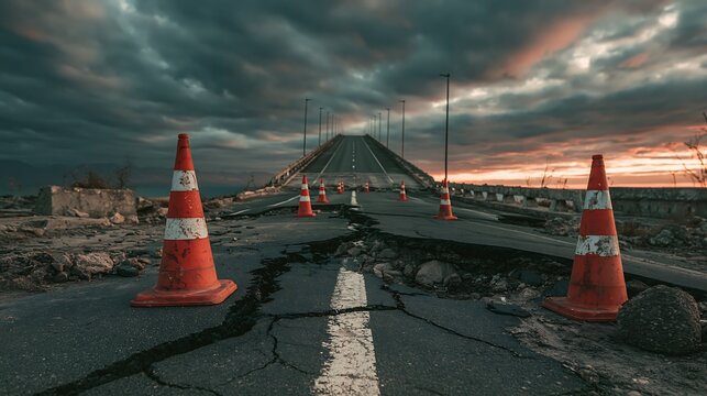 Cinematic wide shot of a damaged concrete highway bridge with structural fissures and emergency warning cones, stormy sky background, infrastructure disaster and safety hazard concept.