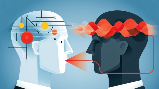 Business communication and mental connection between two heads representing idea transfer, AI and empathy