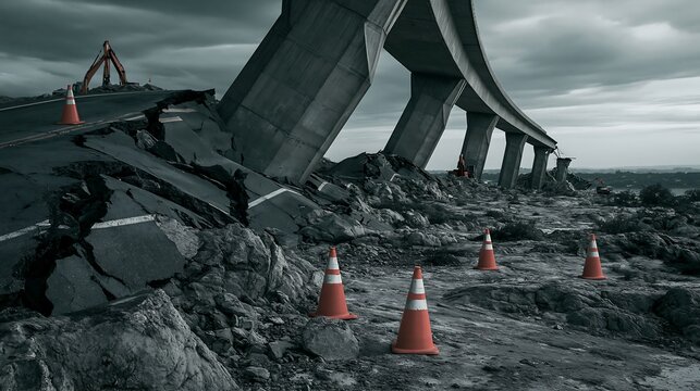 Cinematic wide shot of a damaged concrete highway bridge with structural fissures and emergency warning cones, stormy sky background, infrastructure disaster and safety hazard concept.