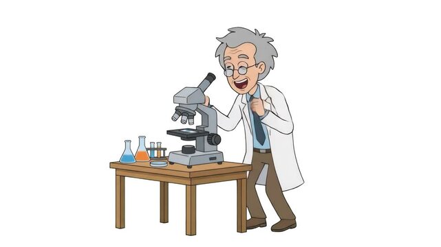 An excited 2D cartoon scientist in a white lab coat standing at a laboratory table with a microscope and colorful chemical beakers, isolated on a clean white background. Great for science education vi