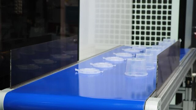 Industrial conveyor for producing plastic packaging using PVC extrusion. Plastic jars and lids are stacked on conveyor belt.