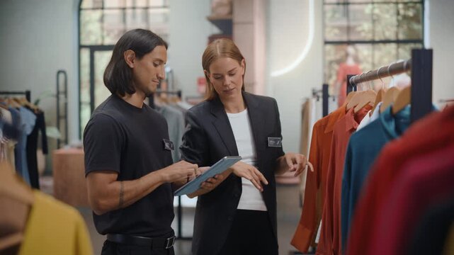Clothing Store Where a Female Fashion Buyer Guides a Male Shopping Assistant With a Tablet, Pointing at Rack Displays While They Review Product Availability and Coordinate Replenishment on Sales Floor