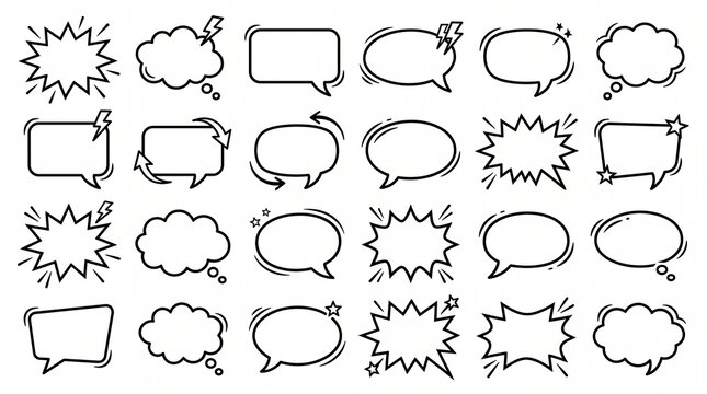 Hand drawn outline speech bubbles and dialogue frames sketch collection