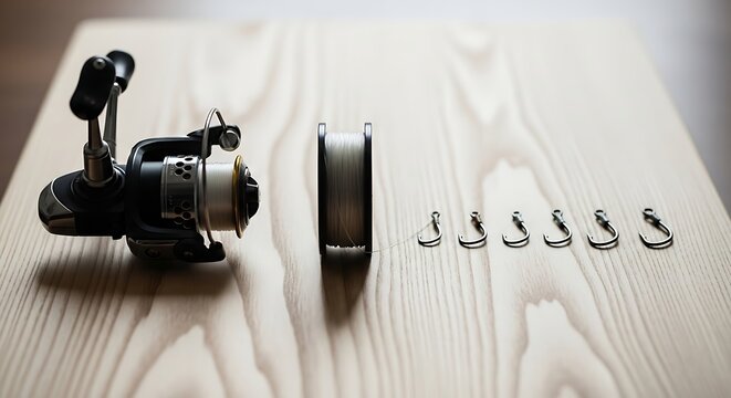 Fishing gear essentials including a reel, fishing line, and hooks laid out on wooden table