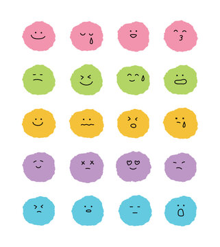 Cute pastel face emoji set isolated on white background. Hand drawn emotion icon collection for mood tracker, digital planner sticker, and social media Reaction.