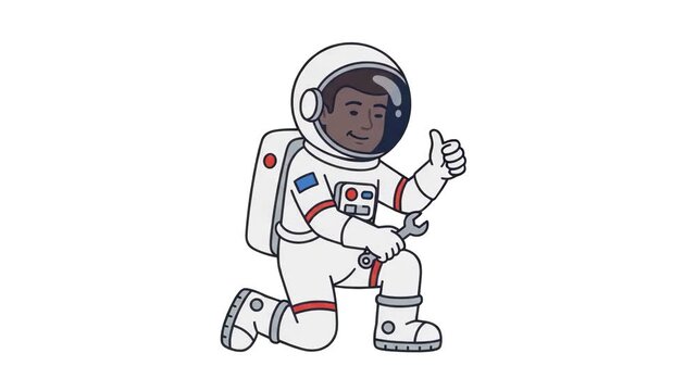 A cheerful 2D cartoon male astronaut kneeling with a wrench tool while giving a thumbs-up approval gesture, isolated on a clean white background. Perfect for space engineering clips, science edu