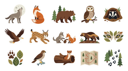 Obraz premium Flat Vector Forest and Woodland Animals Icons Set - Bear, Wolf, Fox, Eagle, Lynx, Badger, Owl, Wolverine, Weasel Nature Elements