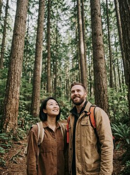 Happy couple hiking on forest path with backpacks enjoying nature adventure