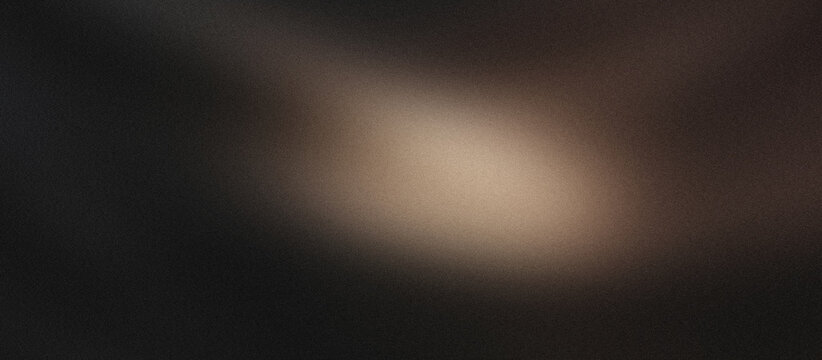 Abstract gradient background panoramic dark style with central glowing champagne, warm sand and amber light beam and grainy texture