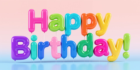 Fototapeta premium Vibrant balloons forming Happy Birthday in a festive style against a pastel background, perfect for a birthday celebration, with a shiny, reflective surface.