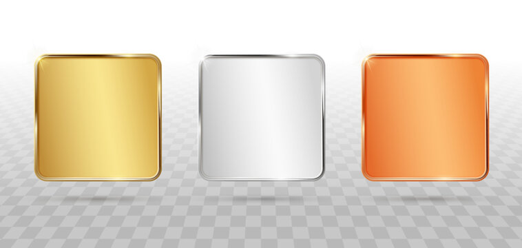 Realistic set of square 3D metal badges and buttons in gold, silver, and bronze. Blank metal badges with rounded corners
